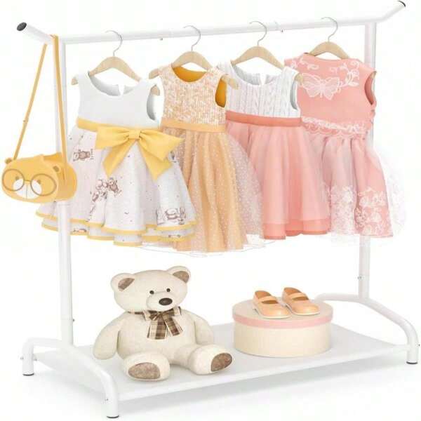 EAGMAK Kids Clothing Rack, Baby Clothes Rack With Bottom Storage Shelf, Kids Dress Up Rack For Little Girls, Metal Coat Rack Toddler Closet Organizer, Costume Garment Rack For Hanging Clothes (White)