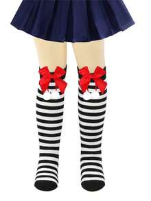 1 par de calcetines largos a la rodilla con rayas, pompones y moños para niñas y adolescentes en Navidad