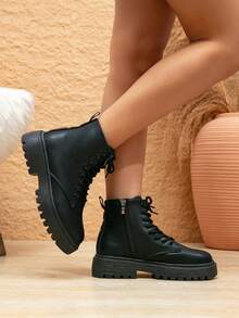 Women's Fashion Thick Sole High Heel Ankle Boots, Autumn/Winter Thick Sole Mid-Heel Short Boots, Outdoor Street Style Fashion College Thin Strap British Wind Student Shoes Personalized Net Celebrity Motorcycle Boots - Black - View 2