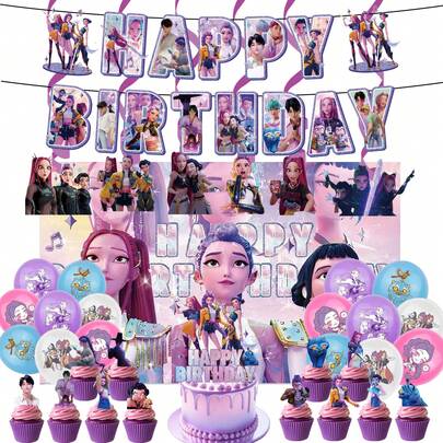 Set di decorazioni usa e getta per feste a tema K-pop, anime, film, adatto per feste di compleanno di ragazze, include striscione, palloncini, decorazioni per torta, calze natalizie, regali di Natale, decorazioni natalizie