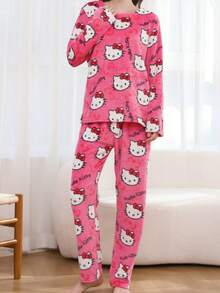 Sanrio طقم ملابس كاجوال لفتيات المراهقات مكون من ملابس علوية رقبة طاقم وبنطلون ناعم، طباعة رسوم كرتونية هالو كيتي، مناسب للشتاء