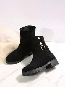 1 Pair Teen Boys Outdoor Autumn/Winter Fashion Casual Slim Retro British Style Pointed Toe Belt Buckle Short Ankle Boots - Black - View 2