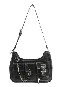 2025新款女士纯色单肩包，纯色大容量多口袋复古Y2K长款单肩包，可腋下携带，嬉皮时尚单肩包，适合酷女孩手提包和钱包 - 黑色 - 查看 5