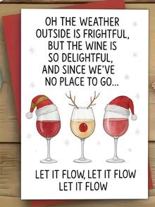 1 pieza Tarjeta de Navidad divertida con copas de vino - Gorros de Papá Noel, cita festiva "Déjalo fluir" - Papelería elegante de vacaciones para regalos de Navidad, fiestas, amantes del vino - Incluye sobre rojo a juego - Tarjeta de felicitación de papel premium, saludos de temporada, sobre resistente, organizadores de fiestas