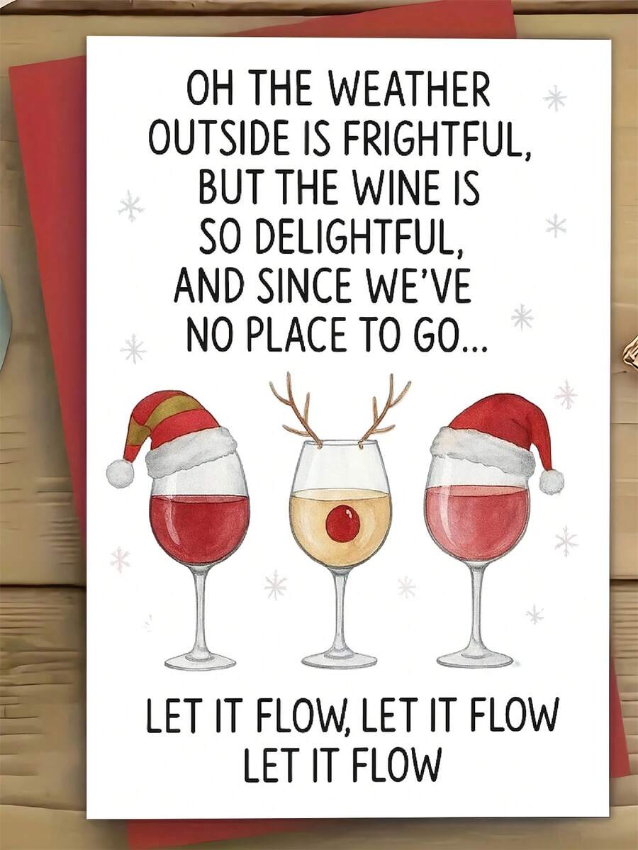 1 pieza Tarjeta de Navidad divertida con copas de vino - Gorros de Papá Noel, cita festiva "Déjalo fluir" - Papelería elegante de vacaciones para regalos de Navidad, fiestas, amantes del vino - Incluye sobre rojo a juego - Tarjeta de felicitación de papel premium, saludos de temporada, sobre resistente, organizadores de fiestas