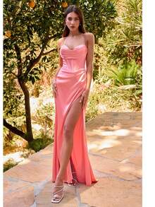 HIGH QUALITY SATIN DRESS WITH CORSET - Coral - View 1