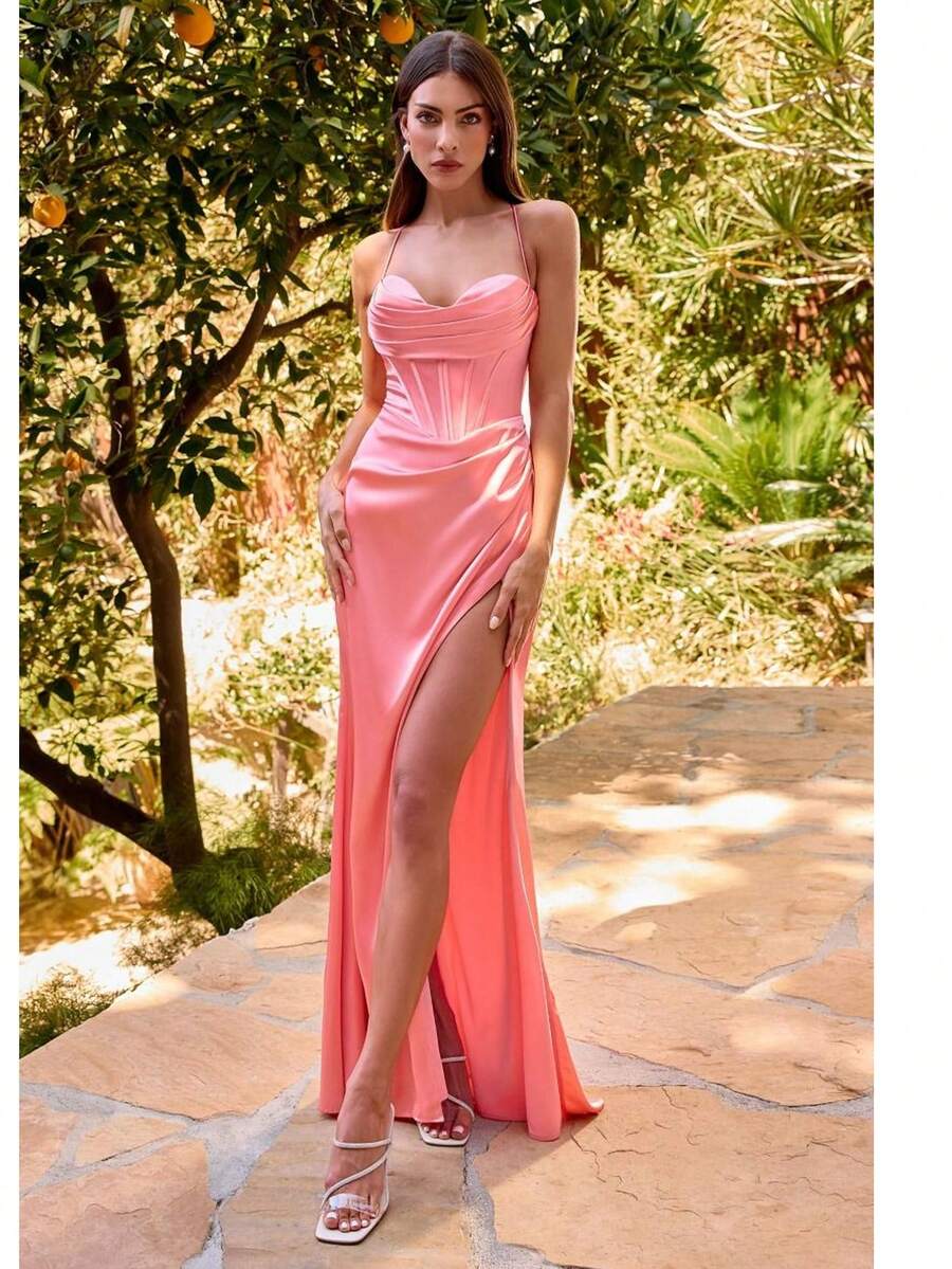 HIGH QUALITY SATIN DRESS WITH CORSET - Coral - View 1