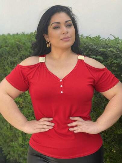 Blusa Feminina Plus Size Manga Curta Elegante Justa Gola Detalhe Fivela Alça Alcinha Ciganinha Cigana Basica Lisa Ombro Aberta Vazado Fora Estilosa Primavera Verao Dia Canoa Minimalista Moda