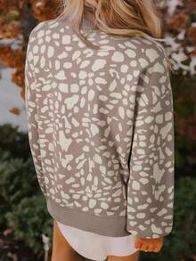 Acelitt 冬季女式灰色豹纹斑点图案罗纹边露肩毛衣，适合日常休闲宽松穿着