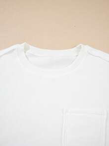 Acelitt Casual Solid Color Ribbed Crew Neck Pocket Design Loose Minimalist Fashion Top T-Shirt, Suitable For Spring & Autumn - White - View 6