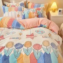 1pc Snowflake Fleece Floral & Cartoon Print Pink Duvet Cover, Warm & Reversible For Bedroom Bedding, Suitable For Spring, Autumn & Winter (Duvet Insert Not Included) - Pink - View 7