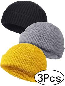 3 Pcs Trawler Beanie Watch Hat Roll Up Edge Skullcap Fisherman Beanie Unisex Cap Winter Warm - A - View 9