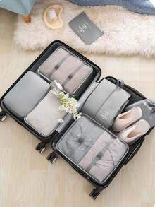 9件套旅行行李收纳套装 - 包括收纳袋、洗漱包、压缩袋、衣物袋、化妆包、鞋袋、洗衣袋，非常适合收纳化妆品、护肤品、彩妆、珠宝、文具、电子产品，也是节日礼物的理想之选。 - 灰色 - 查看 10