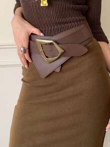 1 件女士仿皮复古美亚德色宽腰带，修身腰带 - 棕色 - 查看 1