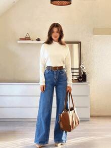 New Women Loose Fit Wide Leg Washed Denim Jeans - Dark Wash - View 2