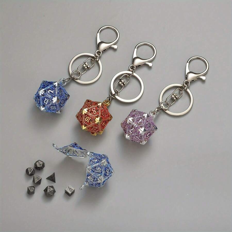 7pcs D20 Metal Dice Set With Hollow Box - Portable Fashionable Keychain Mini Dice, Available In Blue, Red, Purple, Suitable For Role-Playing Games, Ideal For Birthday And Christmas Gifts, Also As RPG Accessories - Multicolor - View 1