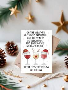 1 pieza Tarjeta de Navidad divertida con copas de vino - Gorros de Papá Noel, cita festiva "Déjalo fluir" - Papelería elegante de vacaciones para regalos de Navidad, fiestas, amantes del vino - Incluye sobre rojo a juego - Tarjeta de felicitación de papel premium, saludos de temporada, sobre resistente, organizadores de fiestas