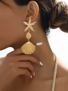 1 Pair Asymmetrical Shell & Starfish Earrings For Women, Fashion Exaggerated Metal Design, Versatile Beach Vacation Jewelry, Chic Summer Statement Accessory For Daily Wear, Party, Holiday Or Gift Idea For Girls, Teens & Ladies - Vàng - Xem 2