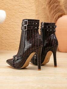 女士新款鳄鱼纹压花踝靴，时尚百搭尖头细高跟铆钉靴，巧克力棕色，适合万圣节、圣诞节、感恩节、新年、秋冬季等场合穿着。 - 巧克力棕 - 查看 8