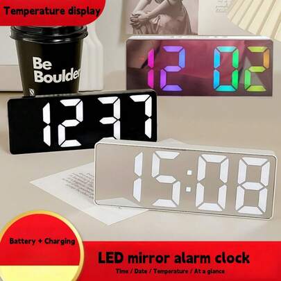 1 个数字闹钟、夜光镜显示、台钟、时间显示、独立装饰、LED 数字显示、USB 供电、温度显示、可调亮度、日期功能、拱形边框、ABS 材质、≤36V 工作电压（不含电池）
