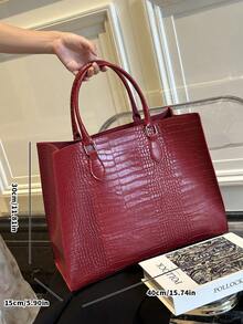 1pc Large Capacity Women's Tote Bag, Fashion Crocodile Embossed Versatile Travel & Shopping Bag, Oversized Handbag, Burgundy Crocodile Pattern, Suitable For Travel, Shopping, Outdoor, Holidays, Gifts