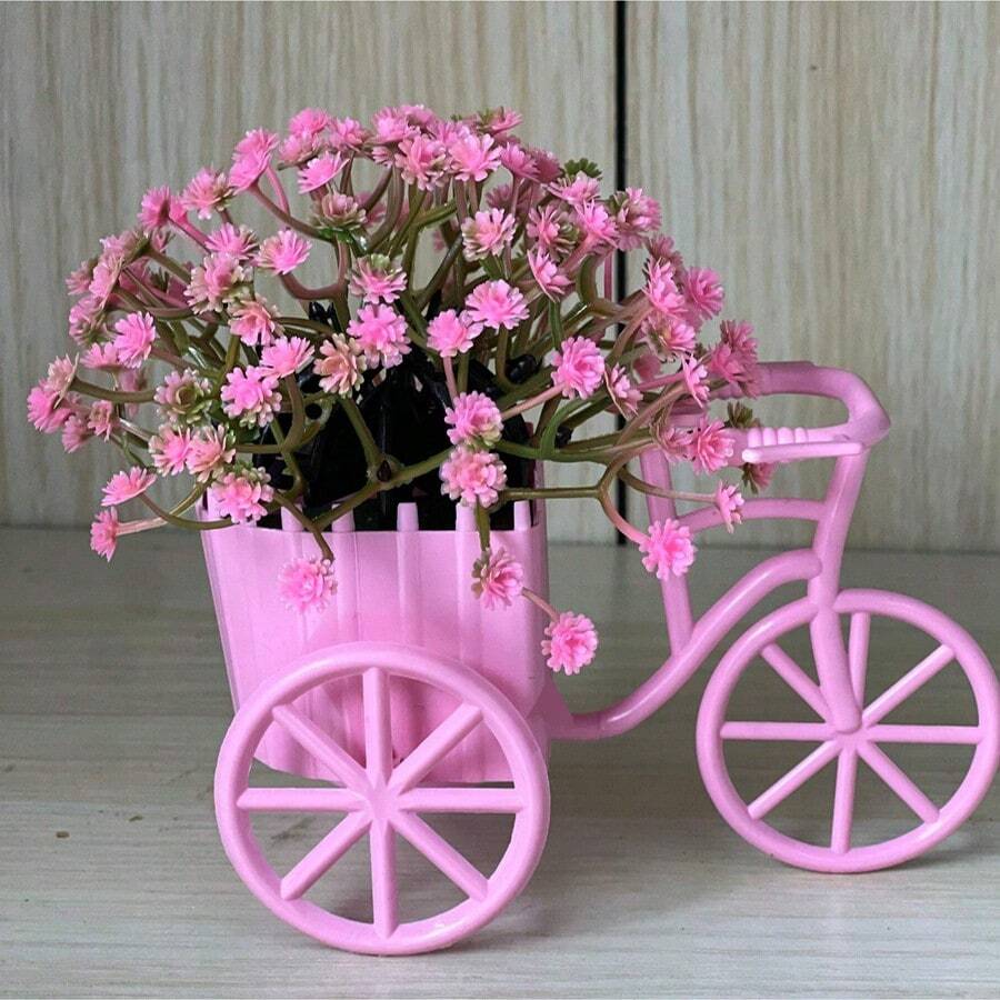 1pc Plastic Mini Bicycle Basket Artificial Potted Plant Desktop Decor, Simulated Green Plant, Suitable For Room Decoration - Pink - View 1
