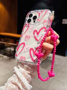 Funda protectora de teléfono con estampado de corazón rosa a prueba de golpes, con cuentas con forma de corazón, accesorio de moda para teléfono compatible con Apple 11, 12, 13, 14, 15 Pro Max/13 Pro Max, XR, XS, 16, 16 Pro Max, 17 Pro Max, 17 Air, etc. Regalo de aniversario, regalo de cumpleaños de primavera, regalo internacional, no la versión nacional, regalo de Pascua - Rosa Fucsia - Ver 3