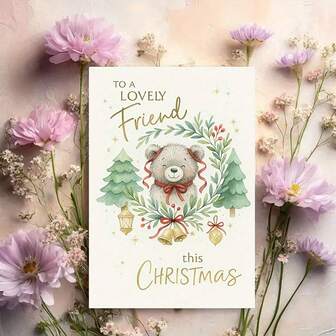 1 tarjeta de Navidad con un lindo oso de peluche con bufanda roja - Tarjeta de felicitación festiva de vacaciones con árboles de pino, estrellas doradas - Mensaje cursivo elegante para amigos, familiares - Tarjeta de papel para regalos y deseos de Navidad, tarjetas de vacaciones, tarjetas de Navidad para vecinos