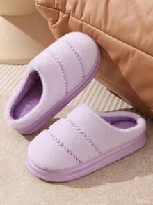 女士厚底拖鞋保暖毛绒拖鞋新款室内抓绒拖鞋秋冬防滑情侣拖鞋 - 紫色 - 查看 5