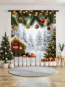1pc Christmas Gift Christmas Snowman, Reindeer, Christmas Tree Atmosphere Decorative Sheer Curtain, Translucent But Not See-Through Window Voile Curtain, Suitable For Living Room And Bedroom, Door Curtain, Kitchen Curtain, Noise Reduction, Christmas Decorative Rod Pocket Sheer Curtain (100g Fabric Weight)