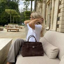 大容量绒面磨砂哑光手提包 欧美复古托特包设计感天鹅绒单肩包 - 咖啡棕 - 查看 3