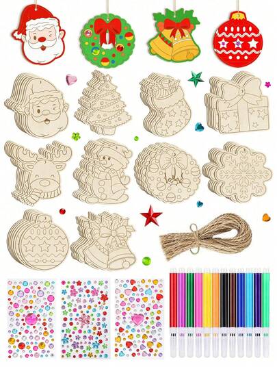 10pcs Christmas Decoration DIY Hand-Painted Wooden Slices, Includes 1pc Rhinestone Sticker, 12 Color Pens, Laser Cut Blank Wooden Board Christmas Tree Ornament, Children's Painting Pendant