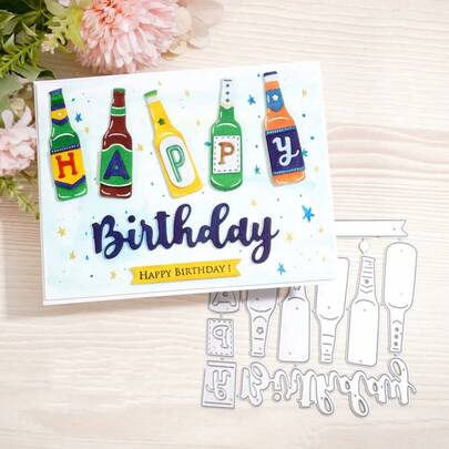 1 件啤酒瓶和生日快乐银灰色金属模切模具，适用于剪贴簿装饰、DIY 剪贴簿纸艺、压花工艺、手工工艺品和卡片制作、贺卡金属模切模具