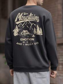 Men's Casual Crew Neck Sweatshirt, Landscape Artwork Outdoor Mountain Tent Pattern Street Style Sweatshirt, For Fall, Long Sleeve Top - Dark Grey - View 3