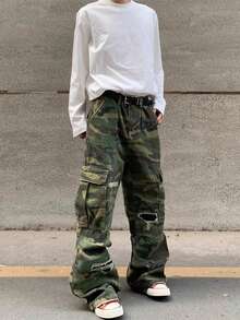 American Retro Distressed Patch Fabric Large Pocket Green Camouflage Work Pants Men's And Women's Micro Flared Loose Straight Leg Jeans New Style