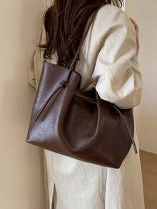 高端简约风格纯色女士手提包，新款秋冬咖啡色时尚百搭单肩包，带内袋，可调节肩带组合包，方便大学生日常购物的大容量手提包 - 咖啡棕 - 查看 5