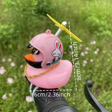 1pc Pink Helmet With Bunny Side Design PVC Rubber Duck, Motorcycle Handle Bar Decor, Comes With Fashionable Glasses, Helmet And Chain Accessories, Suitable For Bicycle And Mountain Bike Handlebars, Fun And Durable Decoration, Great Gift For Friends And Family, Ideal For Duck Enthusiasts