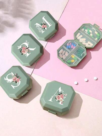 6-Compartment Portable Pill Box, Capsule Storage Case, Travel Medication Box, Pill Box, Mini Pill Box, With Floral Letter A-Z (Excluding Q/U), Pill Organizer, Travel Mini Pill Box, Moisture-Proof Pill And Vitamin Container, Medication Dispenser Organizer, Travel Home Camping Outdoor Hunting Medicine Storage Box, Pill Box, Pill Box, Medical Bag Travel Accessory Dorm Essential