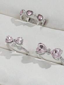 3pcs/Set Girls Y2K Style Butterfly, Heart & Rhinestone Decor Ring Set - Perfect For Dates, Parties, Valentine's Day Gifts Or Daily Wear - Hồng - Xem 5