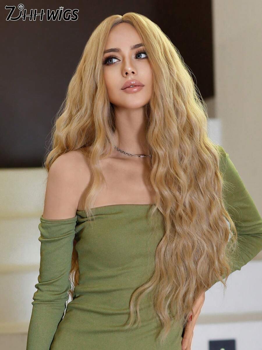 7JHH WIGS 28 Inch Loose Long Wave Blonde Wig For Fashion Women Gorgeous Middle Part Wavy Wig, Soft Synthetic Heat Resistant Fiber Hair Dark Golden Replacement Wigs For Girls Daily Wear, Music Festival Party Use