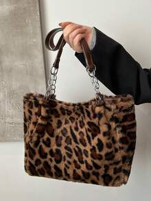 Autumn New Leopard Print Large Bag, Plush Shoulder Bag, Fashion Large Capacity Chain Strap Crossbody Bag, Dual Handle Leopard Faux Fur Casual Tote Shoulder Bag For Women