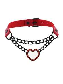 1pc Gothic Heart Choker Necklace, PU Leather Punk Rivet Collar Necklace, Creative Gift For Halloween, Christmas, Valentine's Day Party - Multicolor - View 5