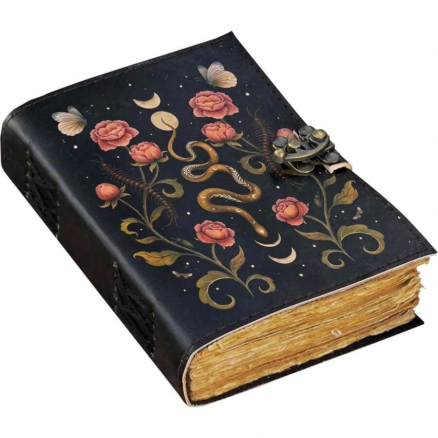 Blank Spell Book Of Shadows Journal Moon Phase Printed Witchcraft Supplies Wiccan Notebook Handmade Vintage Deckle Paper Grimoire Journal Leather Sketchbook, Drawing Journal (Serpent Garden)2025 - 1 - Xem 1