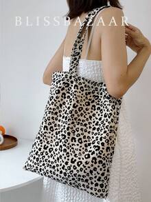 豹纹购物袋书包，返校，大容量，便携，可折叠，经典休闲，适合少女、女大学生，非常适合返校、大学、小学、初中、高中、工作、商务、通勤、购物、度假、开学第一天，豹纹包 - 彩色 - 查看 1