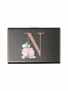 Estuche de tarjetas delgado con 6 ranuras para tarjetas, con patrón de iniciales de la A a la Z en color oro rosa, billetera portadora de identificación y tarjetas de crédito, minimalista y delgado de metal de aluminio, cartera RFID para mujeres y organizador de tarjetas de metal para hombres