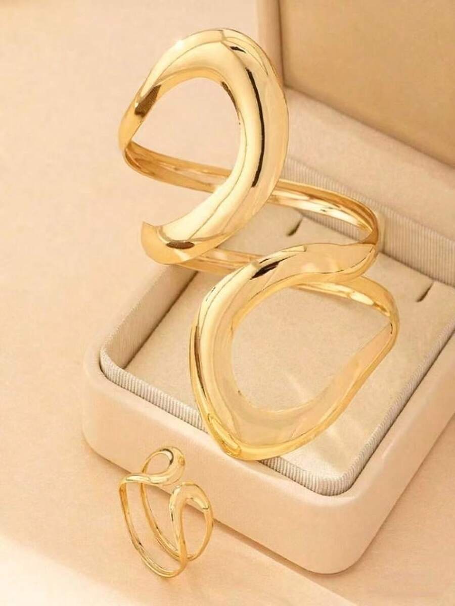 Elegant Geometric Hollow Bracelet & Ring Jewelry Set, Chic European Style For Summer