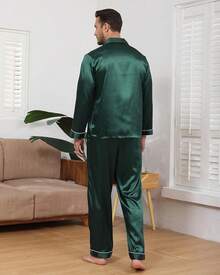 BigKing Men's Silk Satin Pajama Set, Men's Pajama Set, Soft, Long Sleeve, Button-Down - Khaki - View 6
