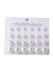 12Pairs/Set Classic Simple Pearl Stud Earrings, Women Jewelry, Summer Jewelry Suitable For Daily Wear - 白色 - 查看 7
