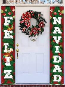 1 套西班牙语“Feliz Navidad”双语英语-西班牙语节日横幅，/金铃铛和花环图案 - 门墙装饰，适合圣诞节，新年前夜派对（易于悬挂），2D 平面，圣诞装饰，圣诞门装饰，圣诞派对装饰，户外圣诞横幅，圣诞装饰，圣诞墙背景，节日圣诞门横幅 - 彩色 - 查看 2