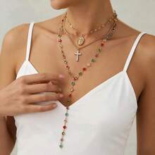 Set de 3 collares con colgante de cruz y Jesús vintage con relieve, decoración de rhinestones de colores, collar largo adecuado para uso diario, fotografía callejera y regalo del Día de la Ascensión. La longitud de la cadena es personalizada y la combinación de colores de los rhinestones es aleatoria.